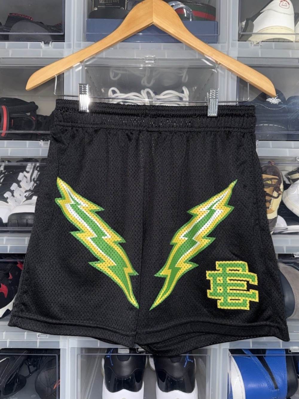 Eric Emanuel Men's Black Mesh Athletic Shorts Lightning Bolt Green Yellow Size M